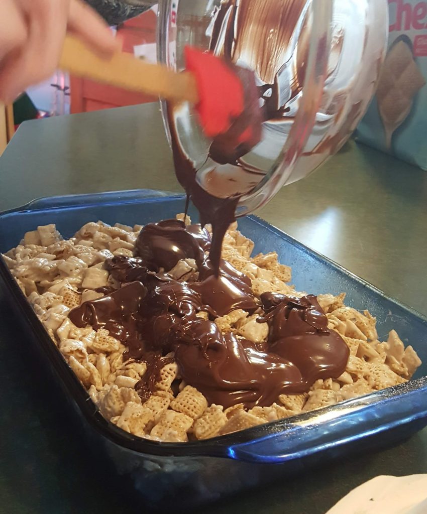 Pouring the Chocolate Topping
