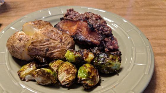 Meatloaf Brussels Sprouts and baked potato